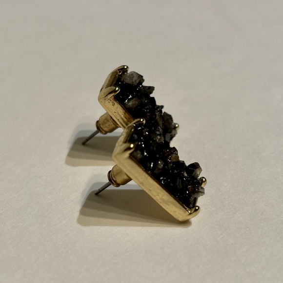 Natural Black Druzy Quartz Crystal Gold Plated Bar Stud Earrings 0.6" - Picture 5 of 9